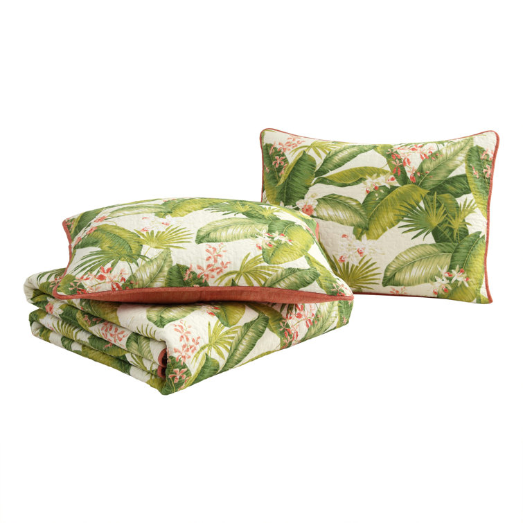 Ecru Twin Cotton Reversible Quilt Set with Palm Leaf Design