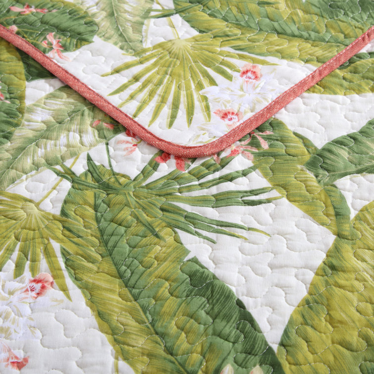 Ecru Twin Cotton Reversible Quilt Set with Palm Leaf Design