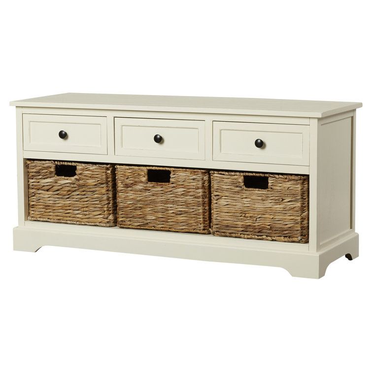 Distressed Cream Pine Storage Bench with 3 Drawers & Wicker Baskets