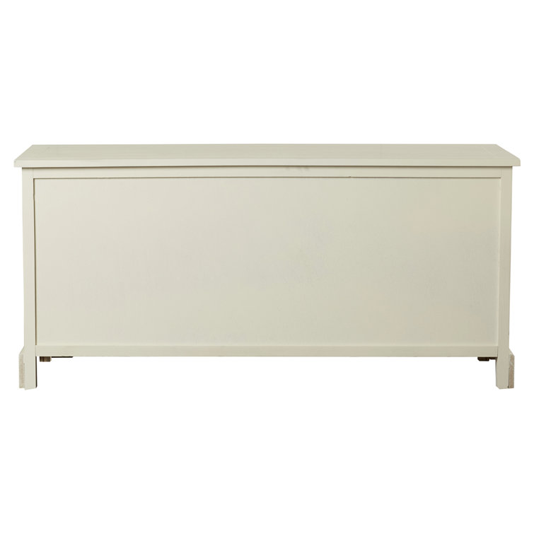 Distressed Cream Pine Storage Bench with 3 Drawers & Wicker Baskets