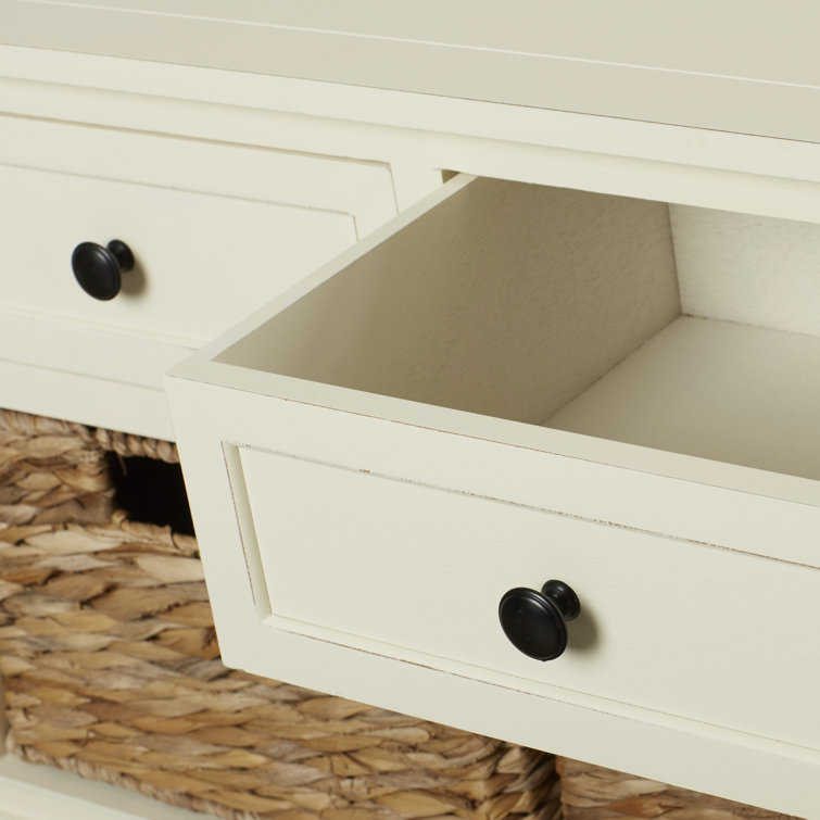 Distressed Cream Pine Storage Bench with 3 Drawers & Wicker Baskets