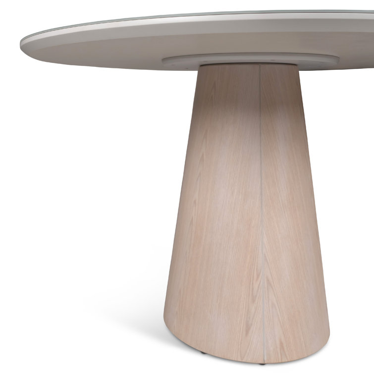 Round Glass Top Pedestal Dining Table with Off White Finish