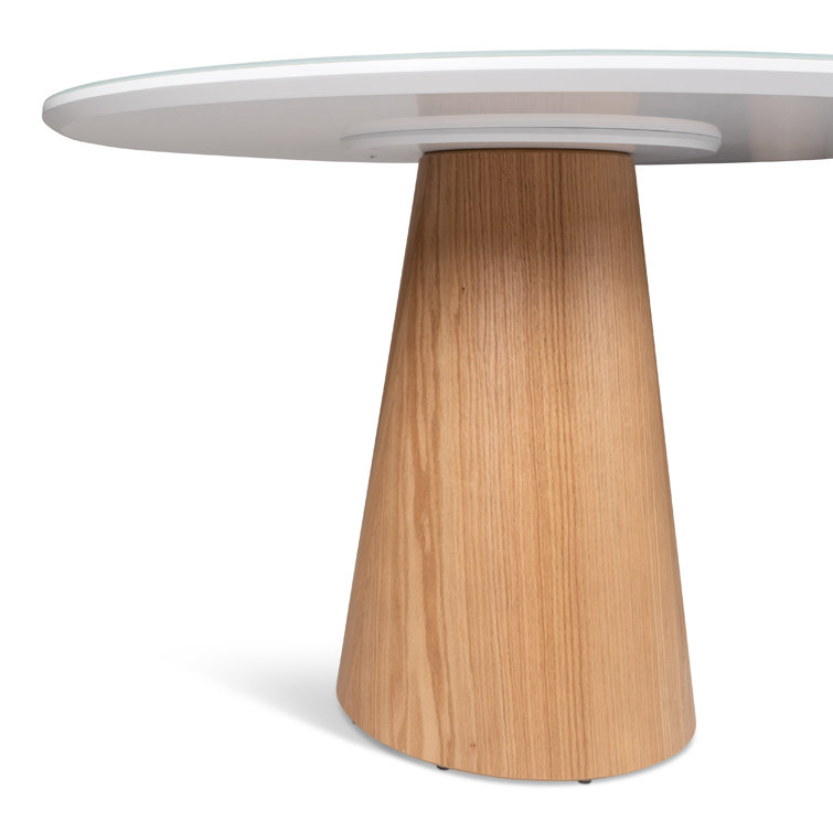 Round Glass Top Pedestal Dining Table with Wood Base