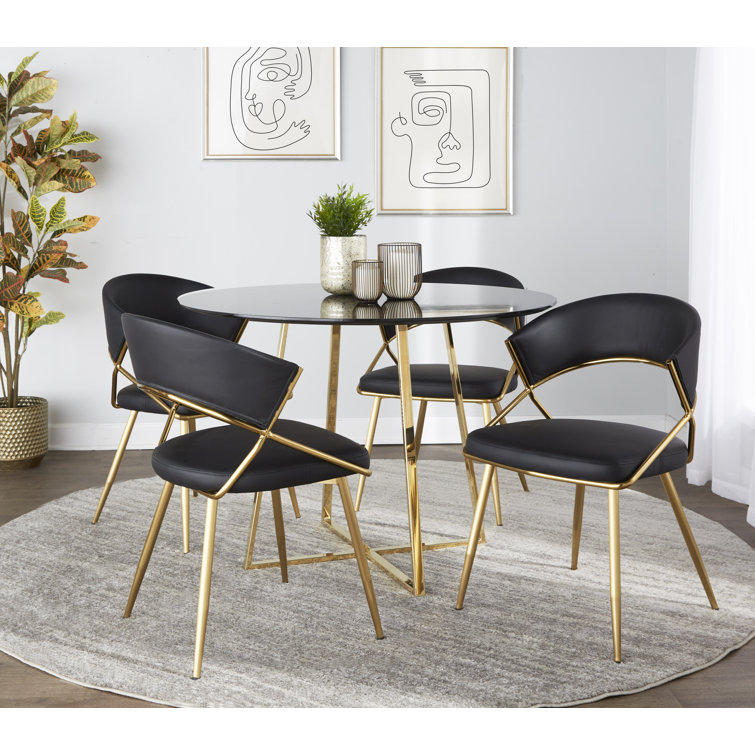 Black Faux Leather and Gold Metal Dining Side Chair Set