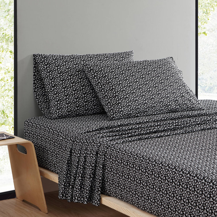 Full Black Cotton Percale Floral Print Bedding Set