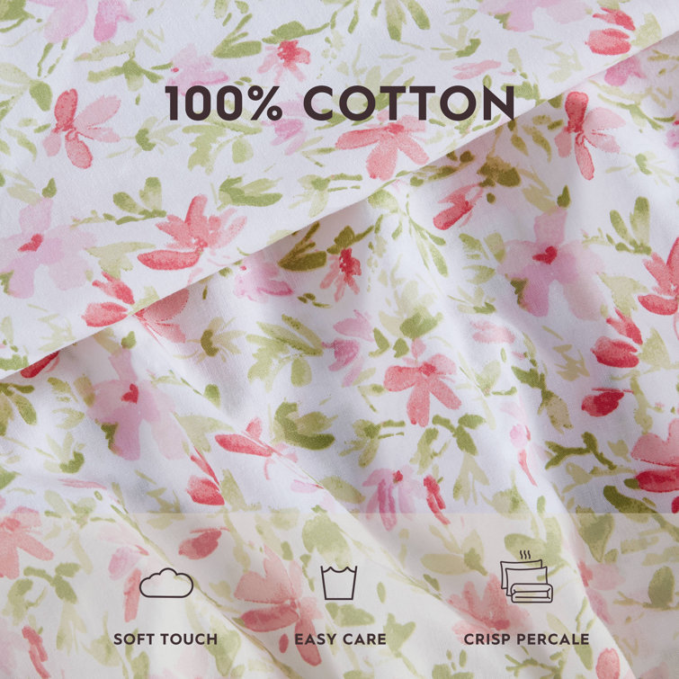 Norella Pink Floral Cotton Percale Full Sheet Set