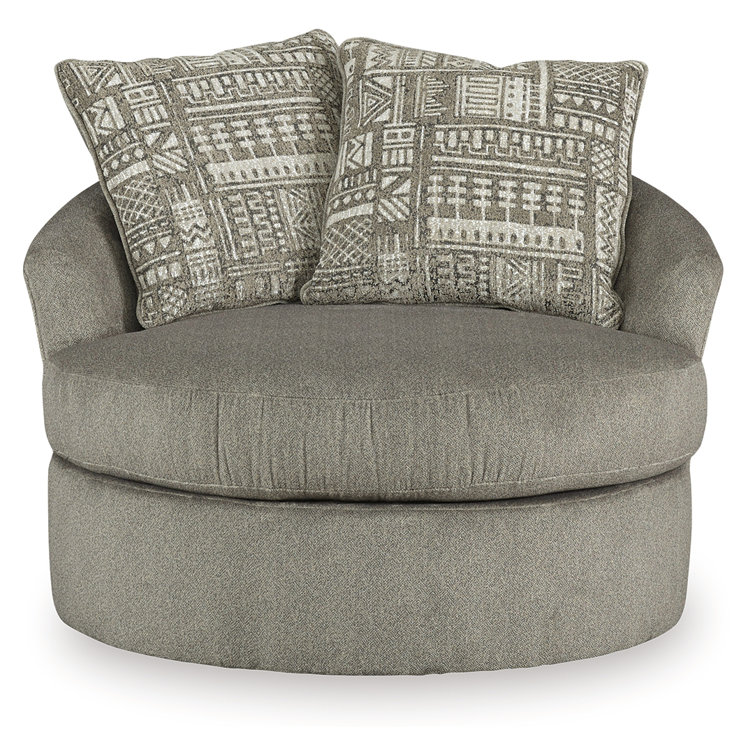 Gray Microfiber Swivel Barrel Chair with Geometric Pillows