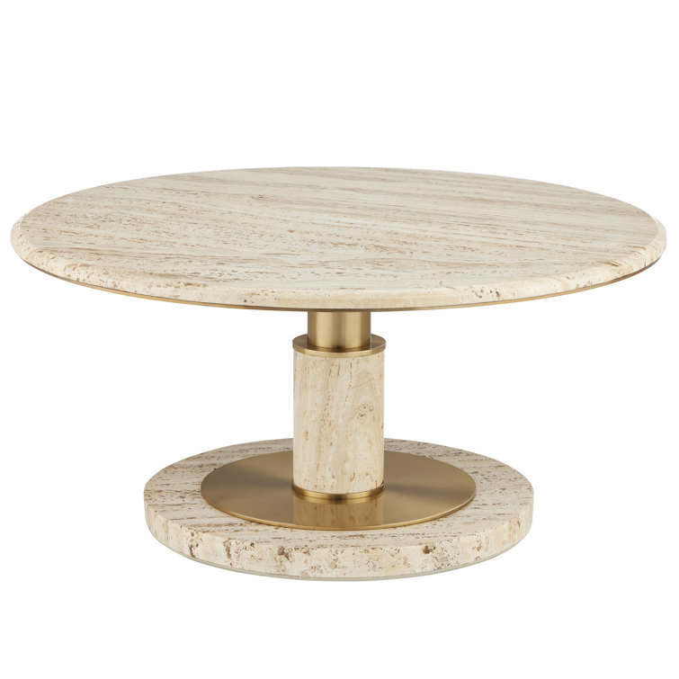Miles Travertine and Brass Round Cocktail Table