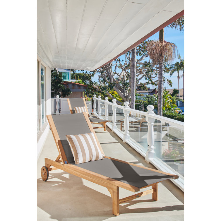 Taupe Teak Outdoor Reclining Chaise Lounge with Wheels