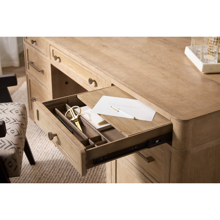 Beige Oak and Maple Executive Desk with Filing Cabinet
