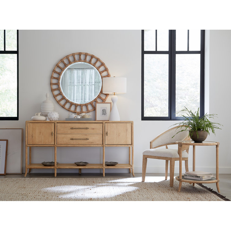 Round Beige and Green Wood and Glass Coastal End Table