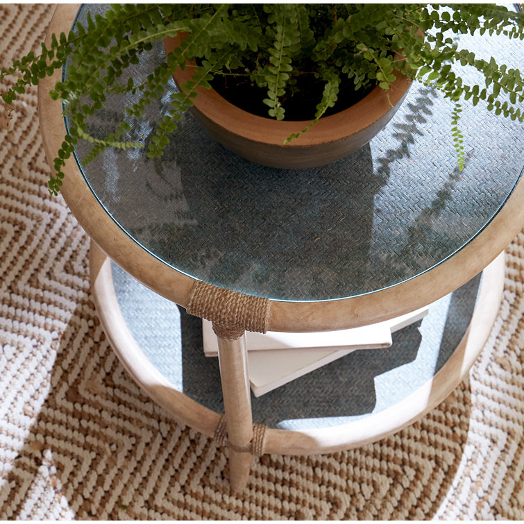 Round Beige and Green Wood and Glass End Table