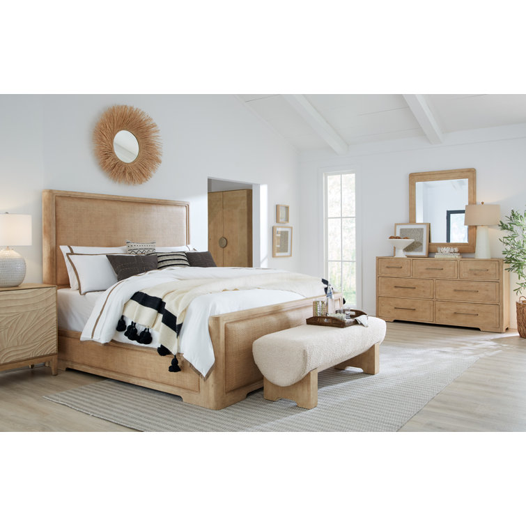 Beige King Wood Frame Panel Bed with Upholstered Headboard
