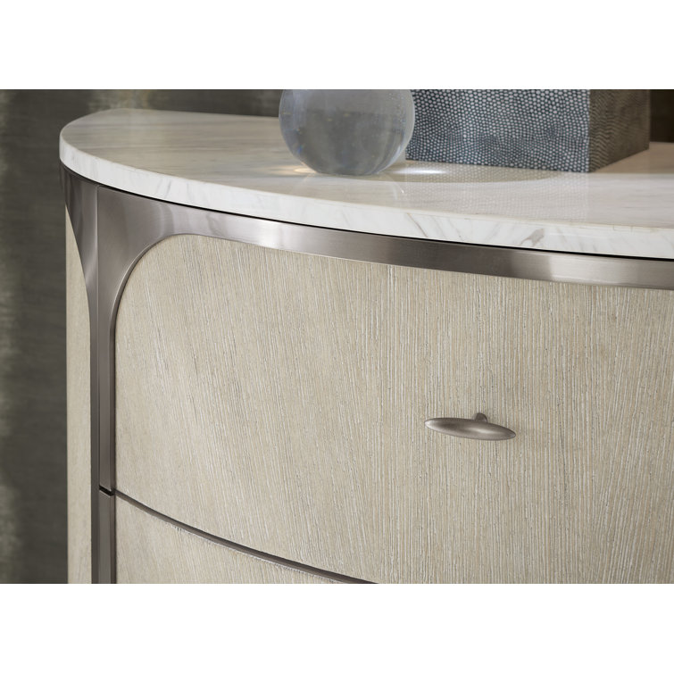 Modern Light Wood and Metal 2-Drawer Nightstand with Marble Top