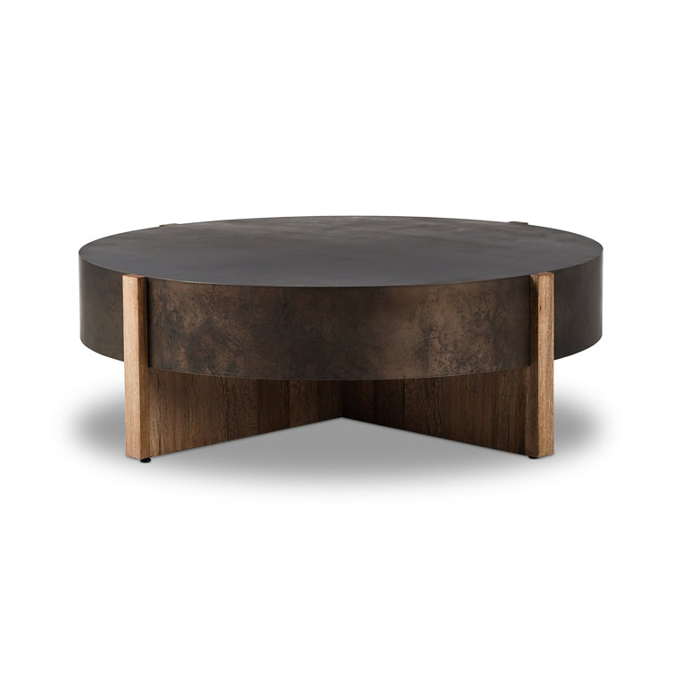 Large Round Distressed Iron and Oak Coffee Table with Storage
