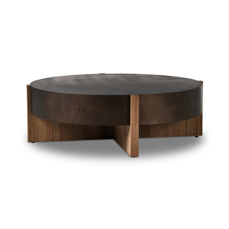 Large Round Distressed Iron and Oak Coffee Table with Storage