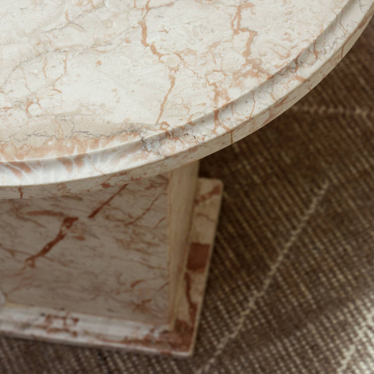 Desert Taupe Marble and Wood Round Side Table
