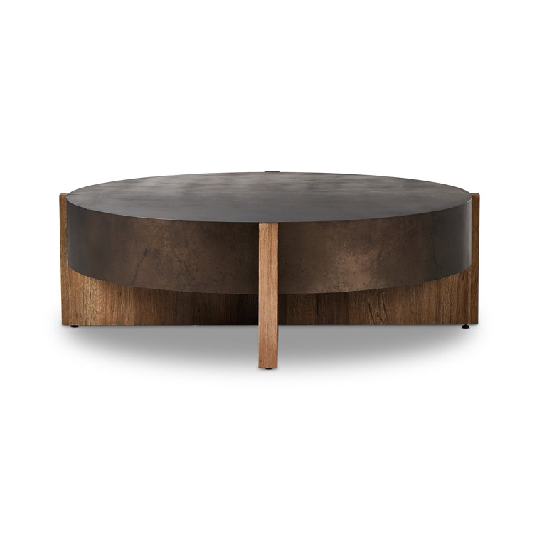Large Round Distressed Iron and Oak Coffee Table with Storage