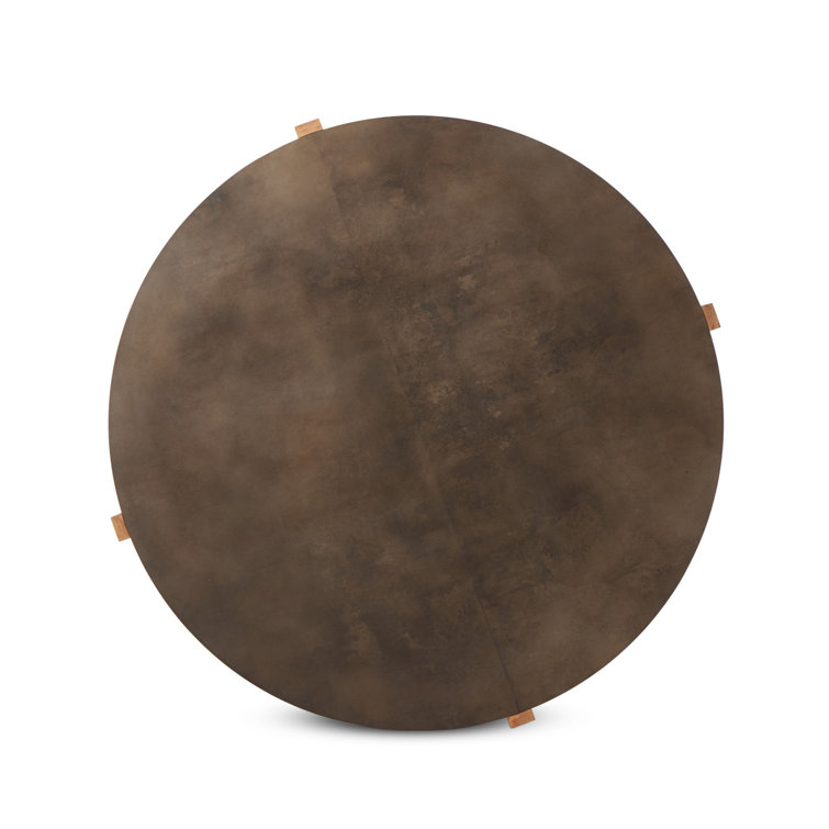 Large Round Distressed Iron and Oak Coffee Table with Storage