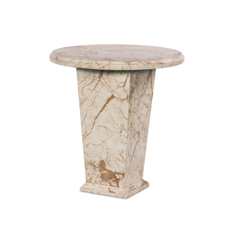 Desert Taupe Marble and Wood Round Side Table