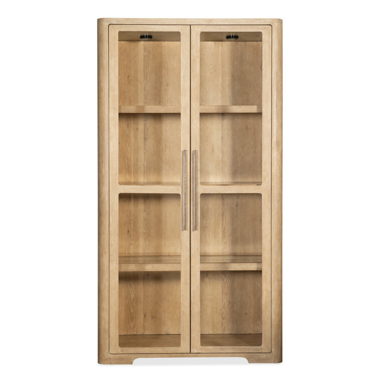 Beige Oak Veneer Lighted Display Cabinet with Glass Doors