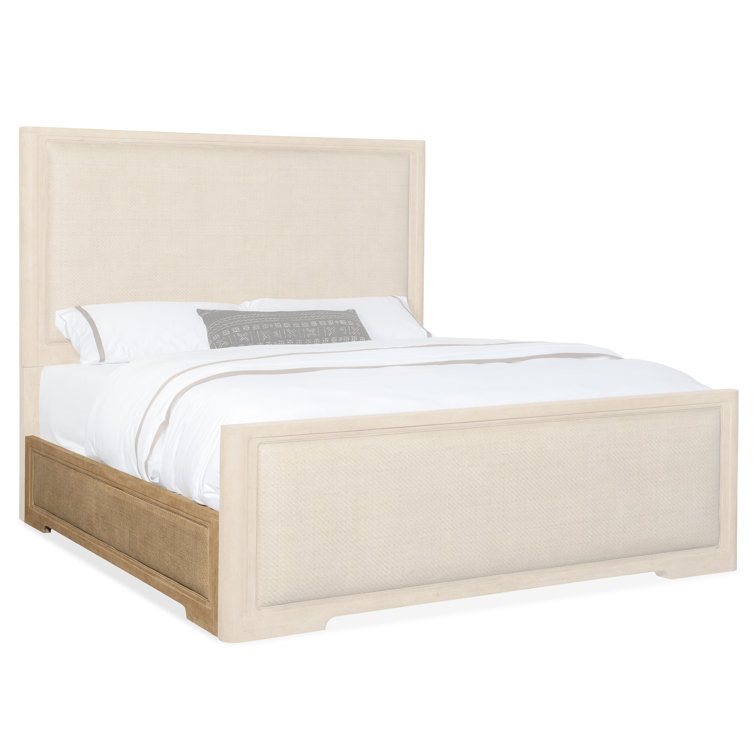 Beige King Wood Frame Panel Bed with Upholstered Headboard