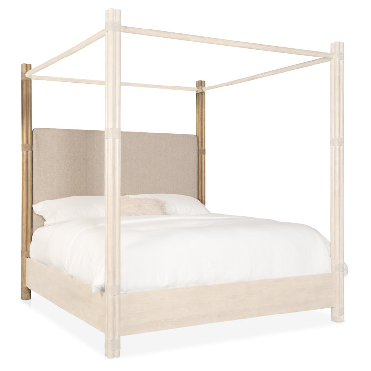 Beige Upholstered California King Canopy Bed with Wood Frame