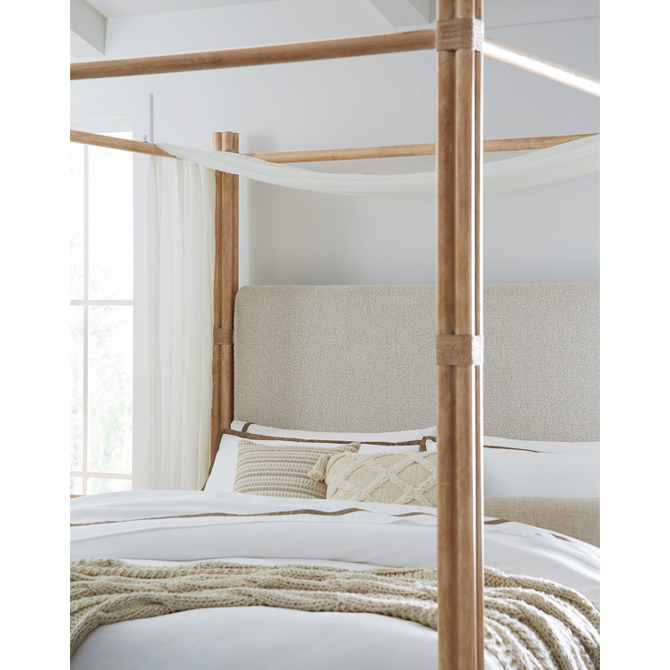 Beige Upholstered California King Canopy Bed with Wood Frame