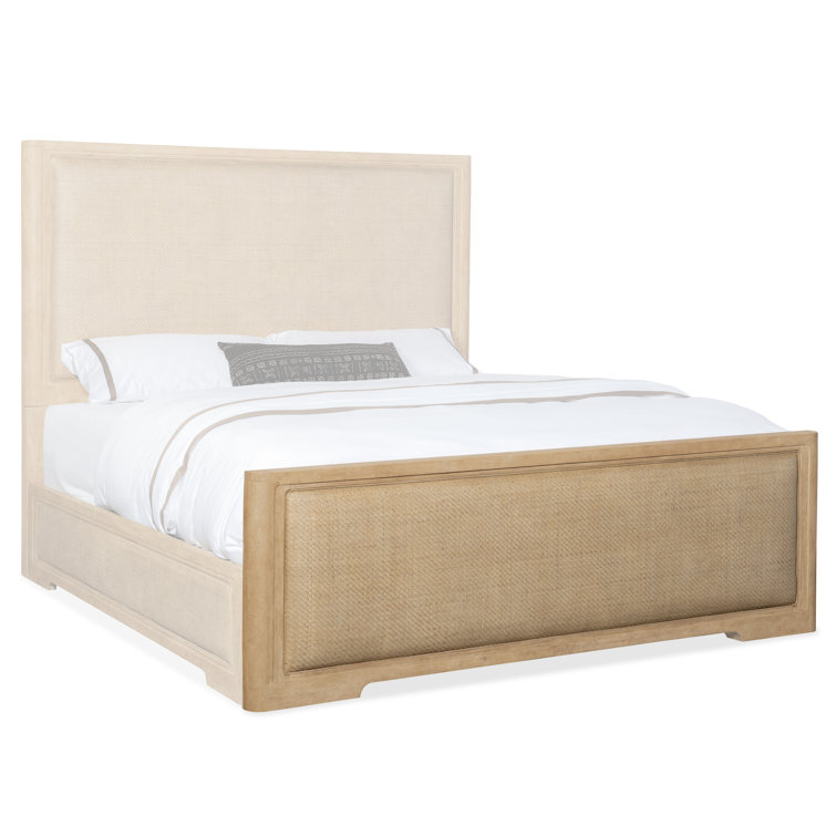Beige King Wood Frame Panel Bed with Upholstered Headboard