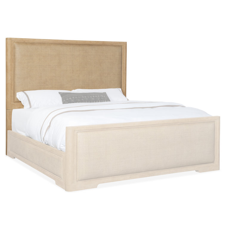 Beige King Wood Frame Panel Bed with Upholstered Headboard