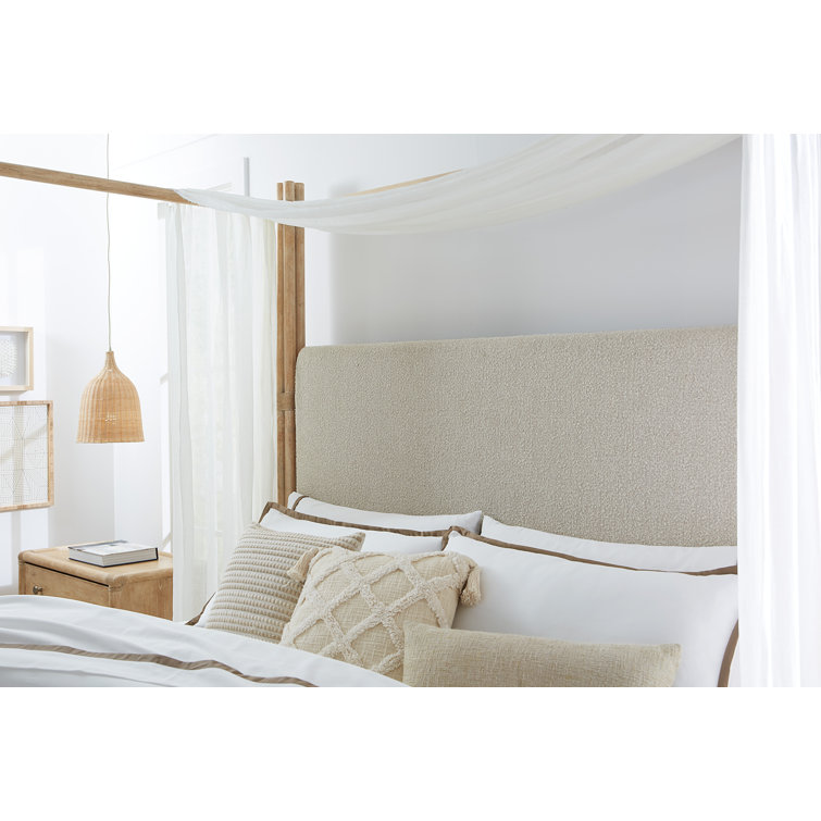 Beige Upholstered California King Canopy Bed with Wood Frame