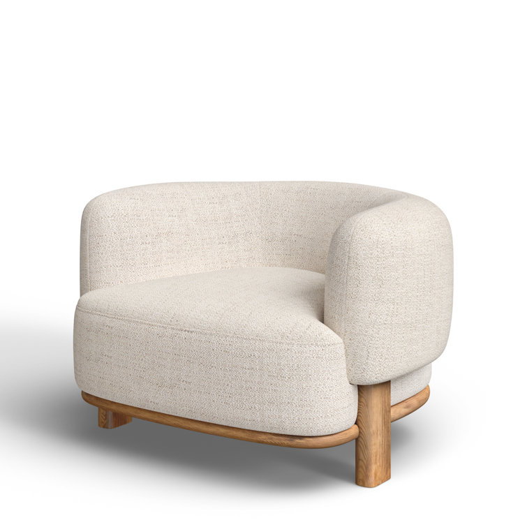 Cream Upholstered Barrel Chair with Natural Ash Wood Legs