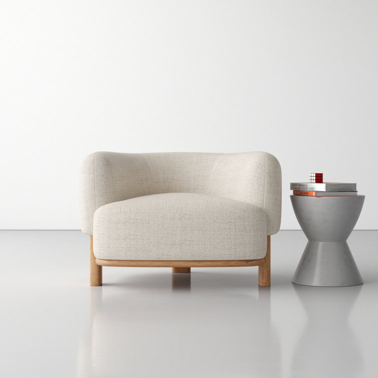 Cream Upholstered Barrel Chair with Natural Ash Wood Legs