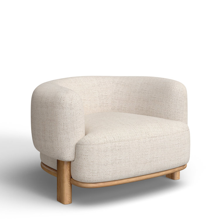 Cream Upholstered Barrel Chair with Natural Ash Wood Legs