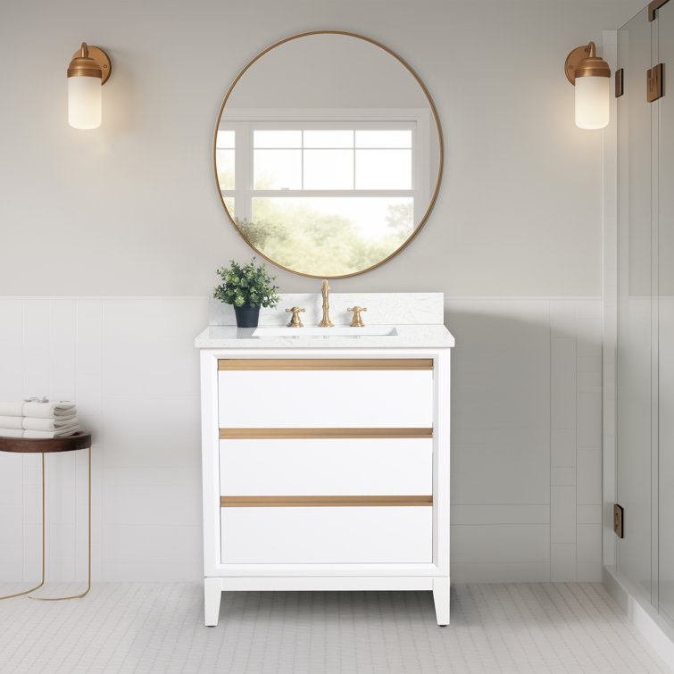 White Poplar Wood Single Bathroom Vanity with Marble Top