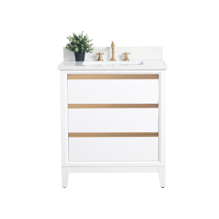 White Poplar Wood Single Bathroom Vanity with Marble Top