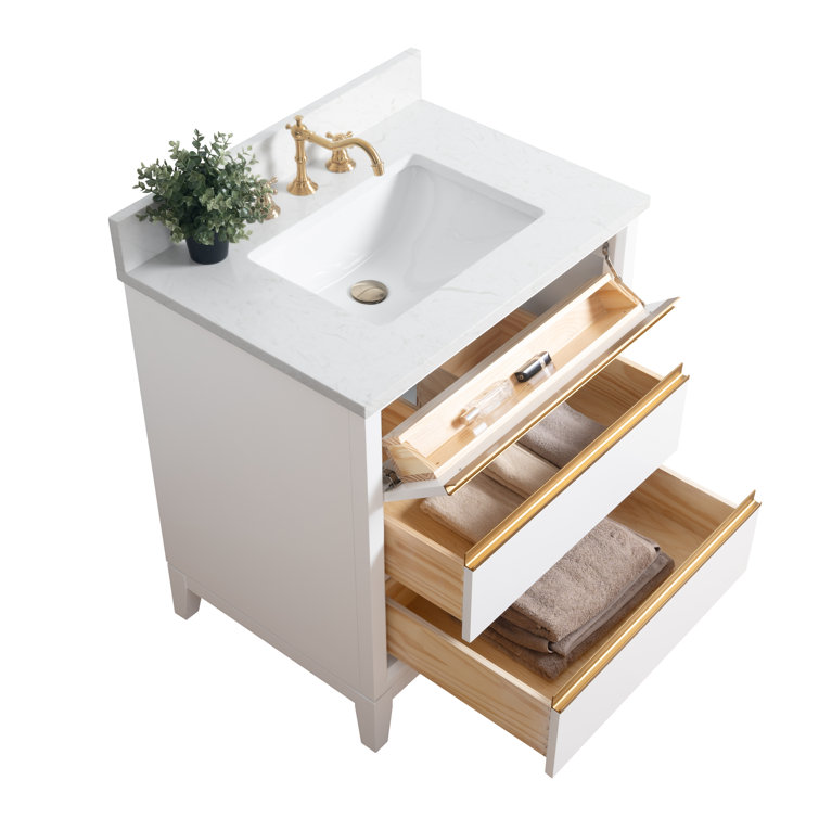White Poplar Wood Single Bathroom Vanity with Marble Top
