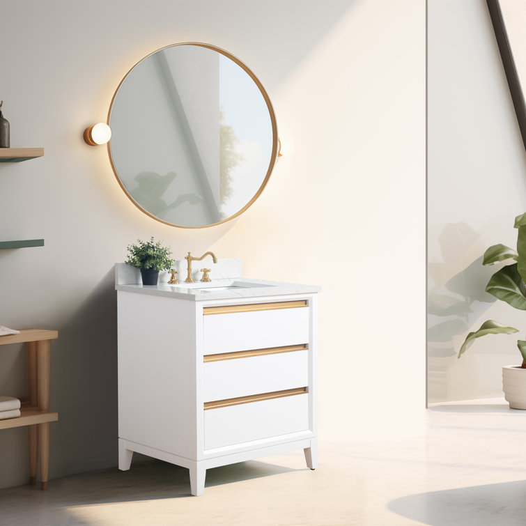 White Poplar Wood Single Bathroom Vanity with Marble Top