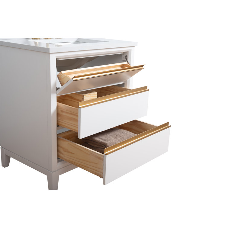 White Poplar Wood Single Bathroom Vanity with Marble Top