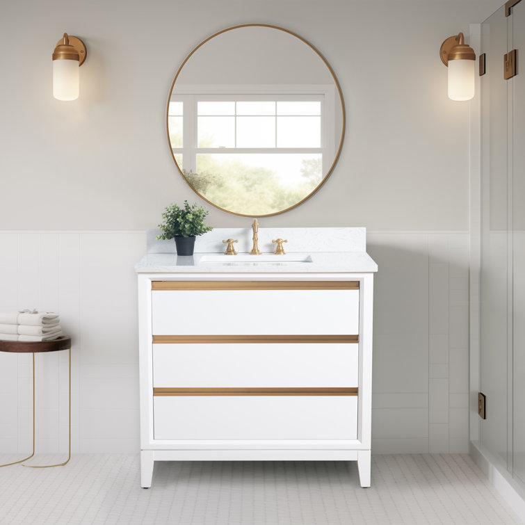 White and Gold 36" Freestanding Bathroom Vanity with Engineered Marble Top