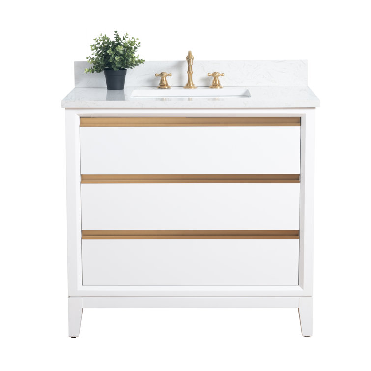 White and Gold 36" Freestanding Bathroom Vanity with Engineered Marble Top