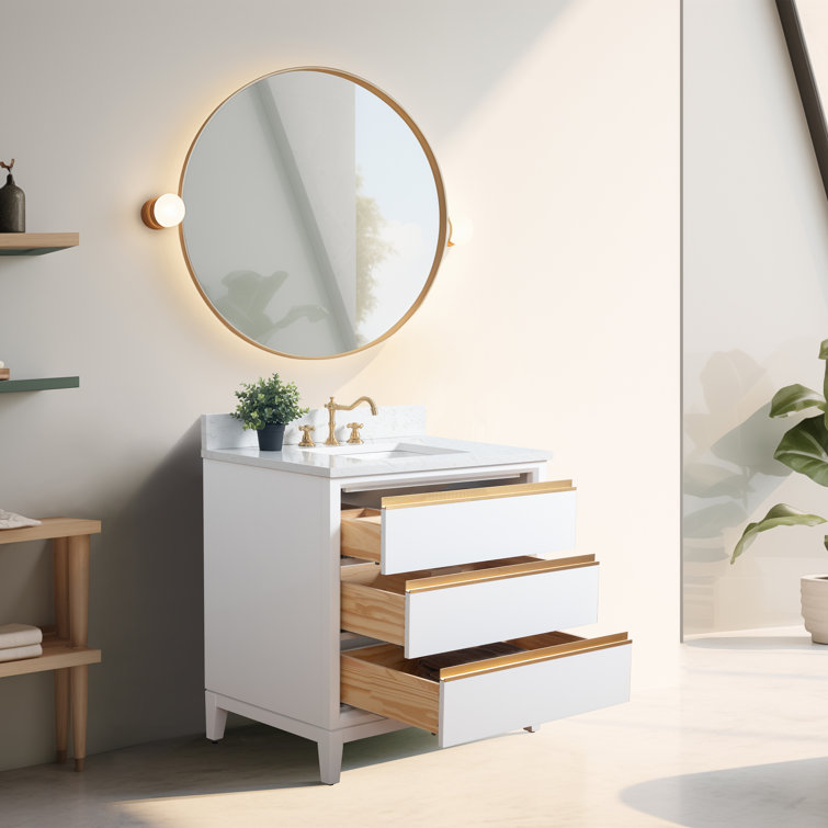 White and Gold 36" Freestanding Bathroom Vanity with Engineered Marble Top