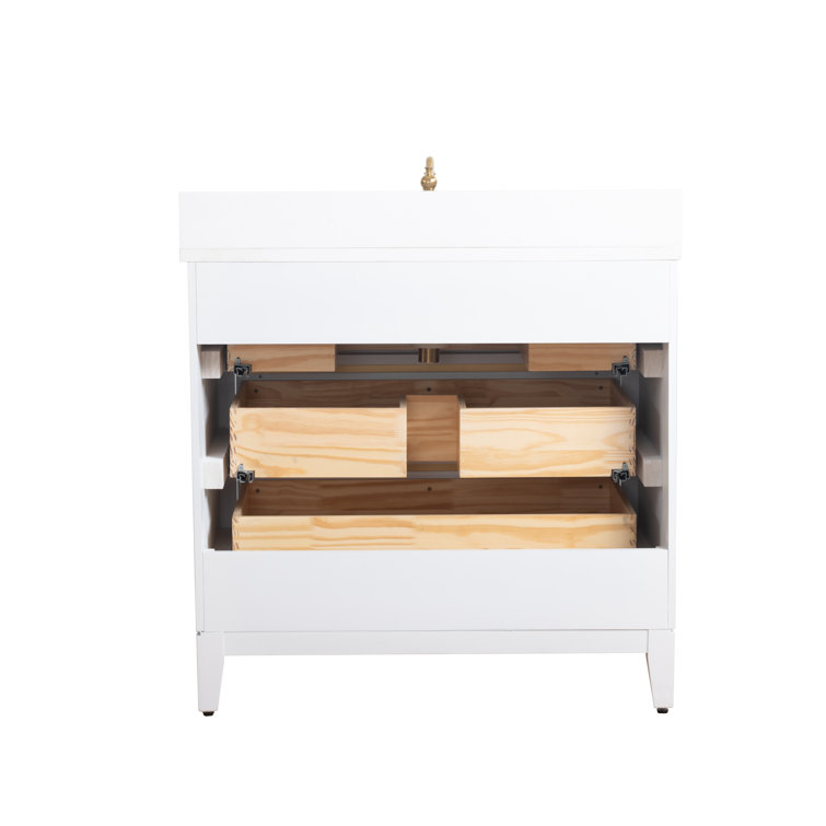 White and Gold 36" Freestanding Bathroom Vanity with Engineered Marble Top