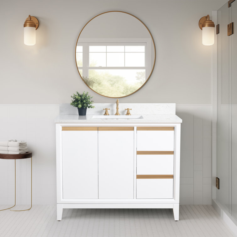 42" White MDF Freestanding Bathroom Vanity with Engineered Marble Top