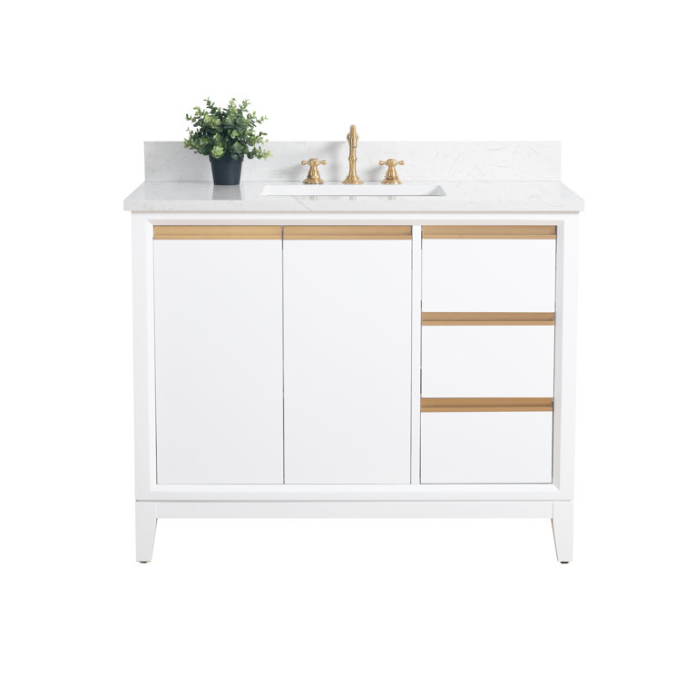 42" White MDF Freestanding Bathroom Vanity with Engineered Marble Top