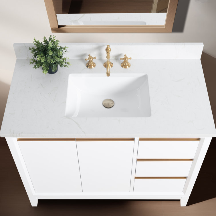 42" White MDF Freestanding Bathroom Vanity with Engineered Marble Top