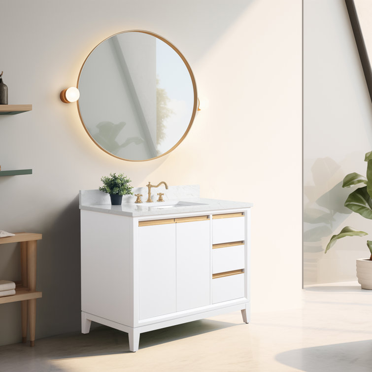 42" White MDF Freestanding Bathroom Vanity with Engineered Marble Top