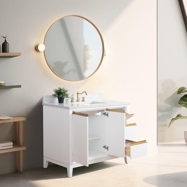 42" White MDF Freestanding Bathroom Vanity with Engineered Marble Top