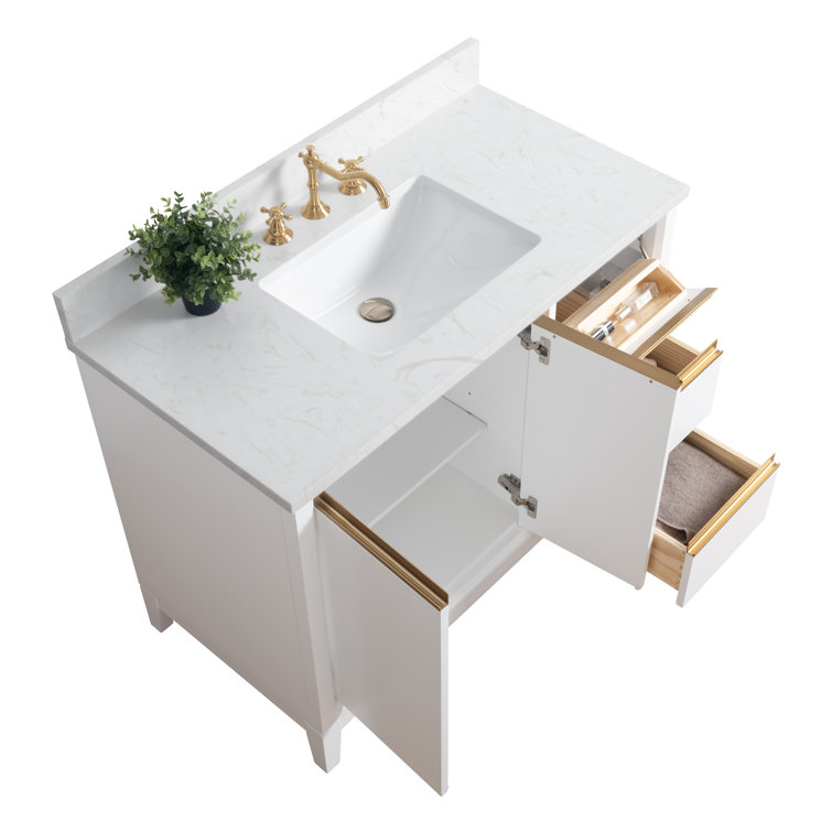 42" White MDF Freestanding Bathroom Vanity with Engineered Marble Top
