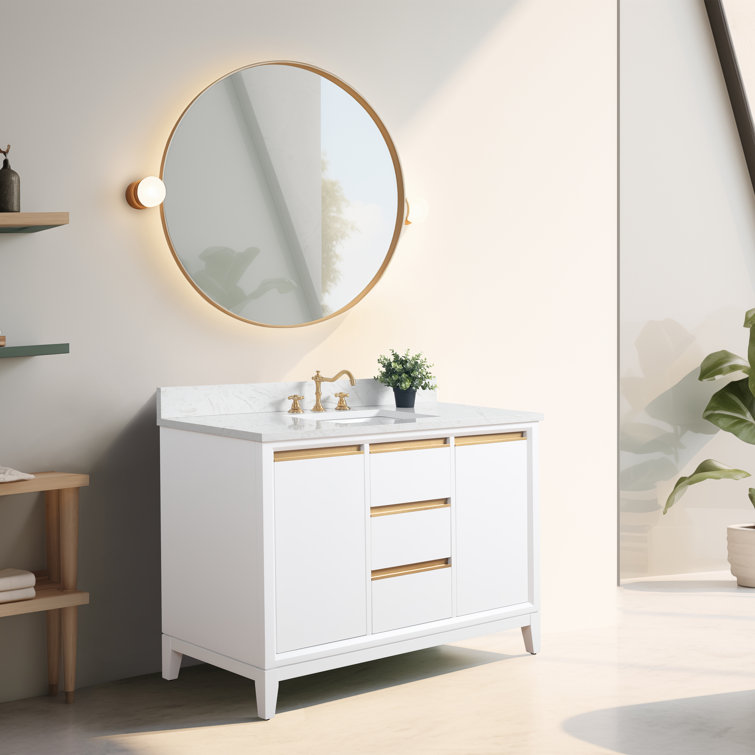 48" White MDF Freestanding Bathroom Vanity with Gold Accents
